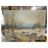 Old Oil On Canvas Snow Scene - 38"x28"