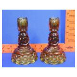 Pair of LE Smith Moon & Stars Amber Candle Holders