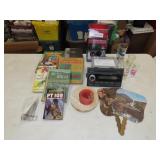 Table Lot w/ Books, Radio, Glassware, Etc
