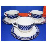 3 Mikasa Potter's Touch Aztec Blue Cups w/ Saucers