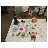 Table Lot w/ Glassware, Lamp Base, MIsc