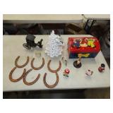 Table Lot w/ Ceramic Tree Top, Horseshoes, Misc