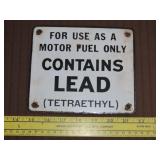 Contains Lead Gas Pump Porcelain Sign - 7"x6"