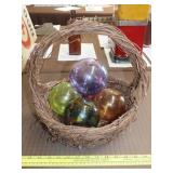 Basket w/ Five Hand Blown Glass Hanging Balls