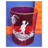 Cranberry Hand Painted Mary Gregory Glass - 4.5'