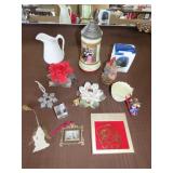 Table Lot w/ Ornaments, Glassware & Miniatures