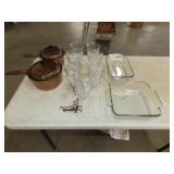 Table Lot of Casserole, Cookware & Glasses