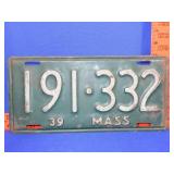 1939 Massachusetts Car Tag