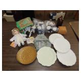 Table Lot w/ Plates, Doll, Candles, Etc