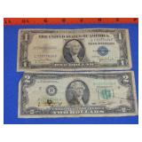 $1 Silver Certificate & $2 Bill