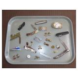 Lot w/ Pocket Knifes, RR Pins, Cuff Links, Etc