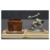Vintage bronze horse and cowboy figural inkwell