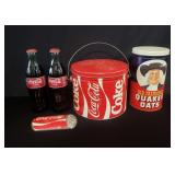 Group of vintage Coca-Cola bottles and Quaker