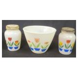 Fire King glass salt and pepper shakers with bowl