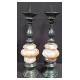 Pair of brass and glass candlesticks