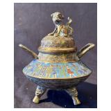 Antique brass cloisonnï¿½ foo dog incense burner