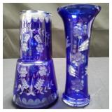 Bohemian cobalt cut glass vase and carafe set