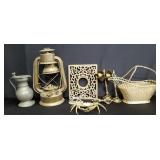 Box of pewter, brass, pitcher, candle holder, etc.