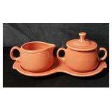 Fiesta creamer, sugar/lid, and tray