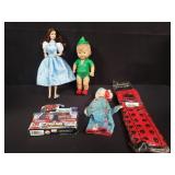 Group of dolls, popeye hand puppet, Doctor Who