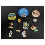 Group of DC, Universal, Disney pins and key chain