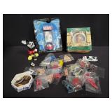 Group of vintage figures, penny press, toy cars,