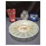 Group of glass vase, bowl, plate and pitcher
