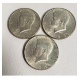 3 1964 silver Kennedy half dollar coins