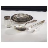 Group of silver spoons, dish , and salt shaker
