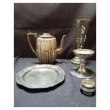 Group of silver plate teapot, plate and compote