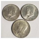 3 1964 silver Kennedy half dollar coins