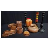 Group of wood vases, candlesticks and hat