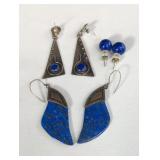 3 pairs of silver and lapis lazuli earrings