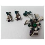 Sterling silver brooch amd earrings with green
