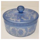 Antique blue acid etched glass trinket box with