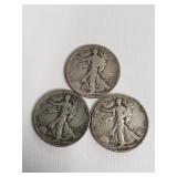 3 Walking Liberty silver half dollar coins