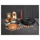 Group of wood candle holder, stands, mug, frame,