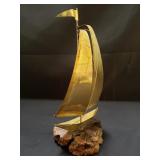 Mid-century Modern brass sailboat burl wood stand