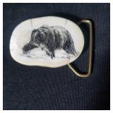 Signed bone etched bear/fish belt buckle