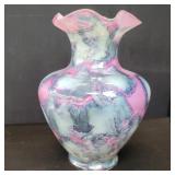 Ruffled hand-blown opaline art glass vase
