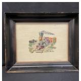 Framed vintage hand-stitched needlepoint train art