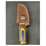 Damascus steel fixed-blade knife with leather