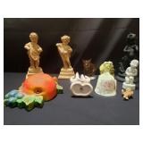 Group of porcelain and chalk figurines and bell