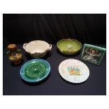 Group of vintage pottery bowl, plate, and vase