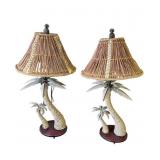 Pair of palm tree rattan & metal lamps