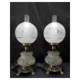Pair of glass and spelter hurricane lamps
