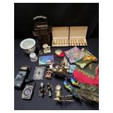 Box of miscellaneous brass tea caddy, ceramic