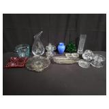 Group of glass bucket, vase candle holder and