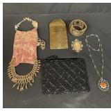 Group of vintage purses and costume jewelry
