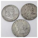 3 Franklin silver half dollar coins
